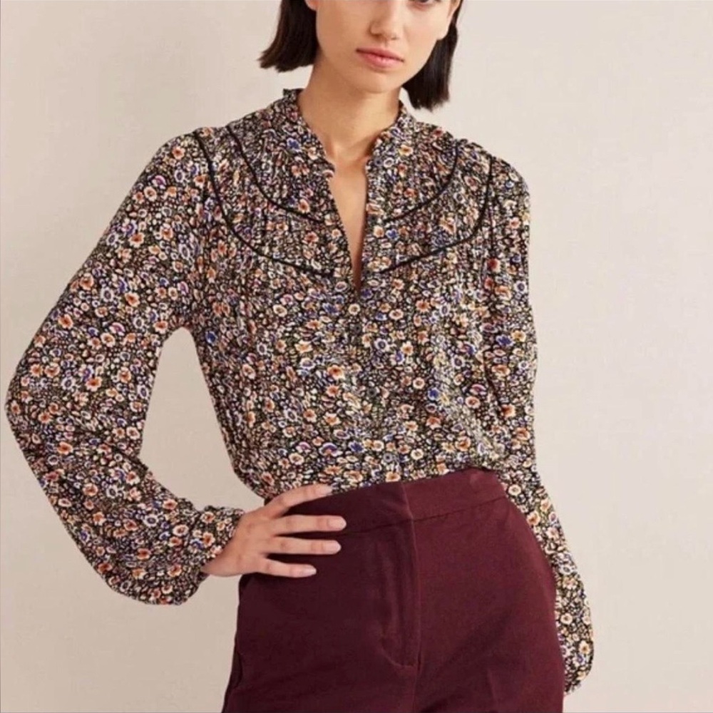 Boden Ruched Yolk Crepe Floral Jersey Billowy Long Sleeve Ruffle Collar